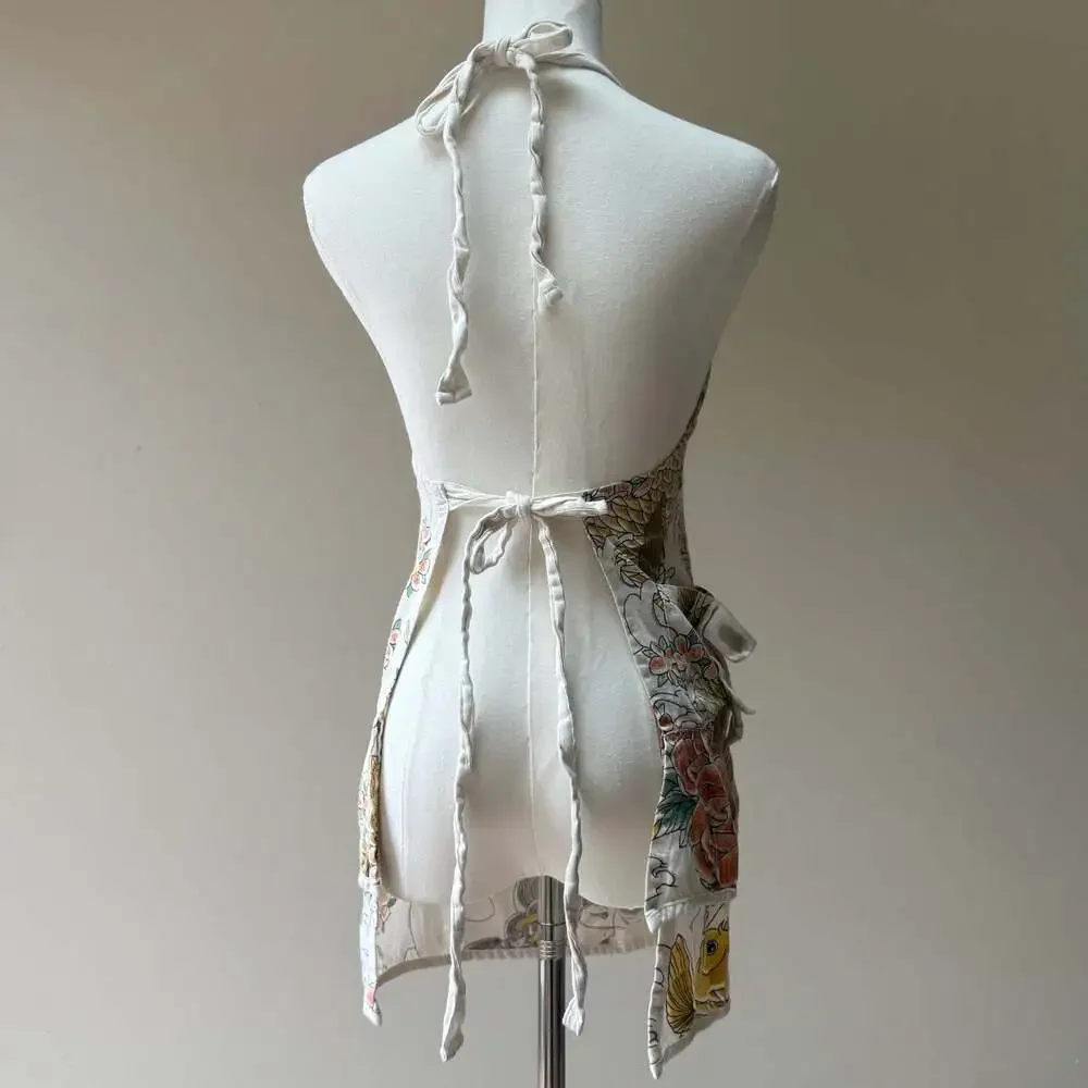 Vintage Geisha and Peacock Print Halter Apron with Pockets